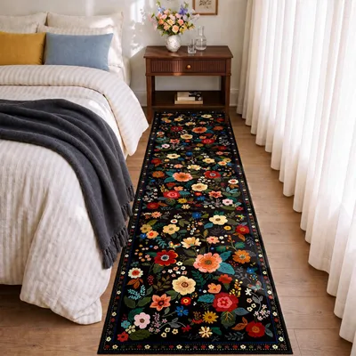 Teppichläufer 60x240 cm, schwarz, waschbar, Blumenmuster