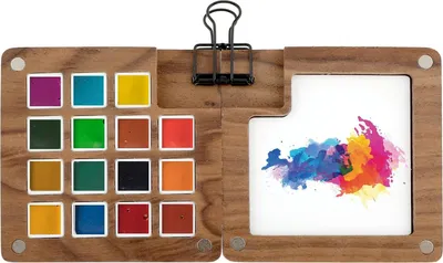 Produktbild von Skizzenbuch Palette aus Holz, Tragbare Aquarell Palette 15 Raster Leere Farbtablett Mini Reise Palette Zusammenklappbare Magnetpalette mit Clip für Aquarell, Gouache, Acrylfarbe