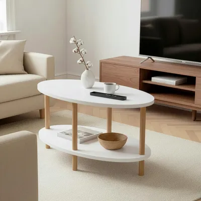 Produktbild von Beistelltisch Oval Weiß 2 Ablagen 70x44 cm Sofatisch Couchtisch Nachttisch Modern Skandinavisch (Weiß, Oval)
