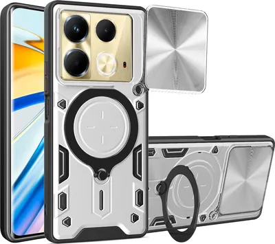 Obrázek produktu pro Pouzdro pro Infinix Note 40 4G dvojvrstvé odolné pouzdro s ochranným krytem kamery a kruhovým stojánkem na prsten Stříbro