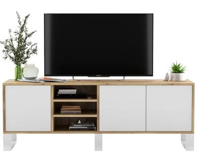 Produktbild von Loft TV-Schrank TV-Lowboard Apollo Dreitürig Drei Metallfüße Modern Lindner Möbel  150cm x 53cm x 35cm Farbe: Wotan Eiche matt - weiß matt