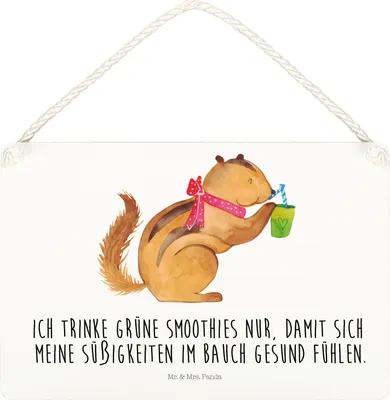 Produktbild von Mr. & Mrs. Panda Schild Eichhörnchen Smoothie DIN A5 - Weiß - Geschenk, Wandbild Holz, Streifenhörnchen, Lustige Sprüche, Abnehmen, Green Smoothies, Diät, holzbild