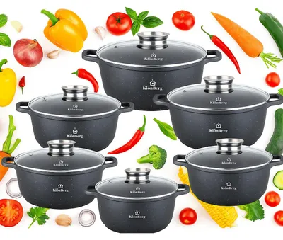 Image de Ensemble de 12 pièces : casserole, faitout, sauteuse, marmite, poêle. Revêtement en marbre