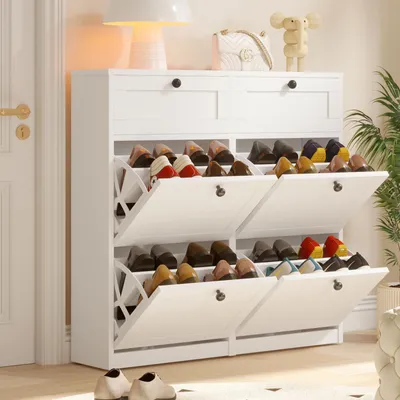 Produktbild von VOWNER Schuhschrank mit 4 Klappen, schmaler Schuhschrank, einstellbarer Schuhregal