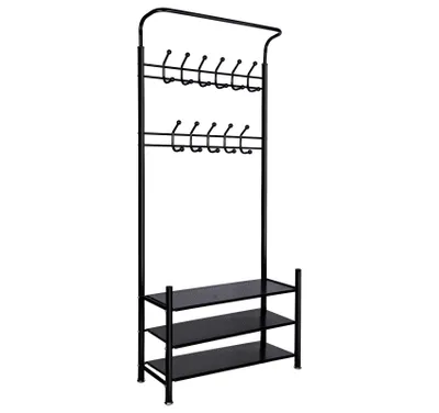 A black metal coat rack with three shelves for shoes.