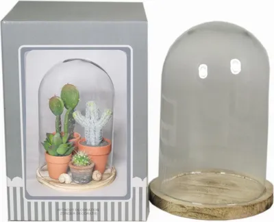 Produktbild von INNA-Glas Glasglocke SABIKA mit marmoriertem Holzboden, klar, 16 cm, Ø 12 cm - Glassturz
