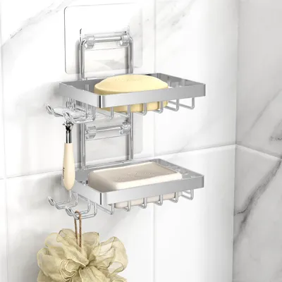 Produktbild von 2-stufiger Seifenhalter mit Ablauf, Edelstahl Seifenschalen ohne Bohren fuer Duschwand, Seifenschale fuer Badezimmer, Silber