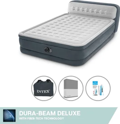 Obrázek produktu pro Nafukovací postel Intex - pro 2 osoby - 152 x 236 x 86 cm - šedá - s elektrickou pumpou + bílé prostěradlo + opravná sada