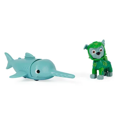 A toy swordfish and a toy dog figure are shown against a white background.