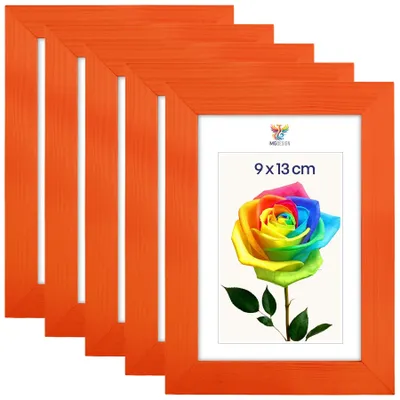 Produktbild von MG Design 5er Set Bilderrahmen 9 x 13 cm - Fotorahmen mit Orange Echtholzrahmen und bruchsicherem Acrylglas, Hoch & Quer zum Aufhängen, zum Aufstellen