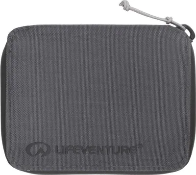 A gray wallet with a drawstring closure is shown against a light gray background.