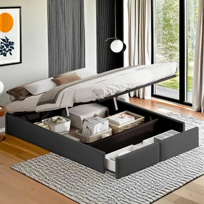 Immagine prodotto di Letto imbottito 140 x 200 cm, letto a piattaforma, letto imbottito senza testiera, con vano contenitore idraulico e 2 cassetti, grigio