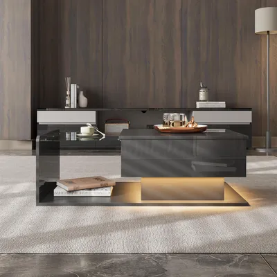 Image de Table basse noir brillant avec plateau en verre & effet LED, table d'appoint
