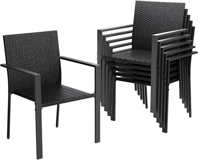 Immagine prodotto di Set di 6 sedie da giardino impilabili, realizzate in rattan sintetico, con braccioli, struttura in acciaio resistente, resistenti agli agenti atmosferici. Ideali per balconi, terrazzi, colore nero