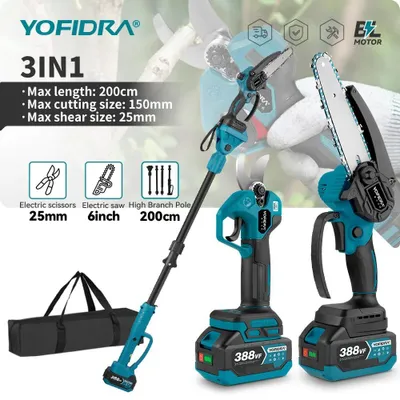 Produktbild von YOFIDRA Akku-Hochentaster mit Astschere, 6 Zoll, bürstenlos, 18V, mit 2 Akkus, Ladegerät und Teleskopstange, Kompatibel mit Makita 18V
