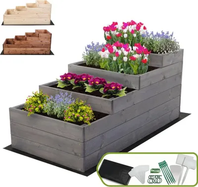 Produktbild von MODO24 Hochbeet Holz, Pflanzkasten, Massivholz, Kiefer, Kräuterbeet, Blumenkasten, Garten, Terrasse, 54x60x120 cm, Grau, ZP07
