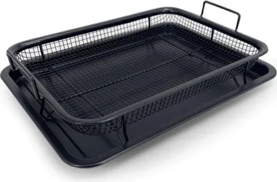 A black metal grill basket and tray set.