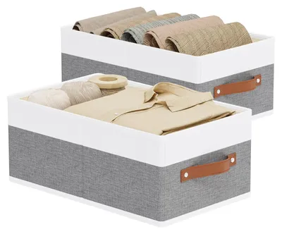 Productafbeelding van 2 opvouwbare opbergmanden, decoratieve opbergboxen met handgrepen, garderobe-organizer, geschikt voor kleding, 41 × 25 × 16,5 cm, wit