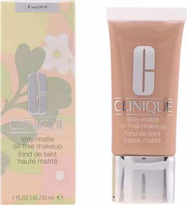 A product shot of Clinique Stay-Matte Oil-Free Makeup foundation and its packaging.