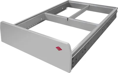 A gray drawer frame with metal slides, shown from a diagonal angle against a white background.