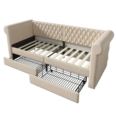 Produktbild von Polsterbett 90x200cm Schlafsofa (Ohne Matratze) Tagesbett Kinderbett Jugendbett Mit 2 Stauraum Schubladen Mit Lattenrost Leinen Grau