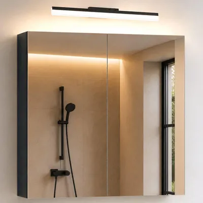 Image de doporro Armoire Murale Salle de Bains avec Miroir et Lampe Luxaris Noir Placard de Rangement Étagères Réglable Anthracite Mat en Bois Armoire de Toilette 3 Portes 80x15x70 cm Spiegelschrank 02