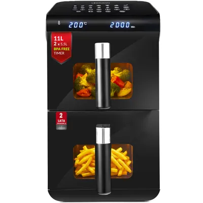 Zdjęcie produktu dla Frytkownica beztłuszczowa LEHMANN VITALIA podwójna frytownica 11l. Air Fryer 2800W, pionowa, 2x szuflady, 50–200°C