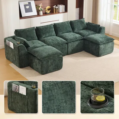 Produktbild von LVHOM XXL Modulsofa 4-Sitzer Chenille, U-Form Wohnlandschaft mit Getränkehalter & Seitentaschen, Bigsofa, 322cm, Grün