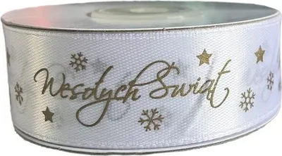 Obrázok produktu pre Wstążka satynowa Wesołych Świąt 25mm biała