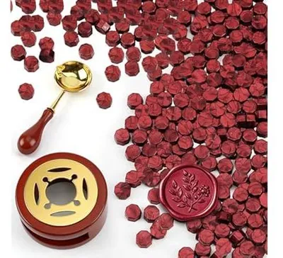 Imagen del producto de Juego de perlas de cera para sellar, 300 unidades, color burdeos, con cuchara para fundir, ideal para sobres y tarjetas