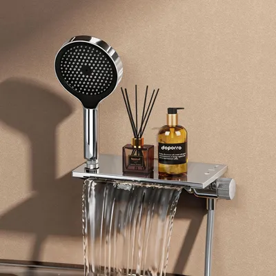 Produktbild von doporro Badewannenarmatur mit Handbrause, Wasserfallauslauf, Duscharmatur Komplettset aus Messing mit 4 Strahlarten, 1.5m Brauseschlauch Silber DSN-401