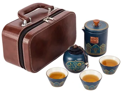 Immagine prodotto di Elzusha - Set da tè da viaggio portatile, con teiera in porcellana e 3 tazze