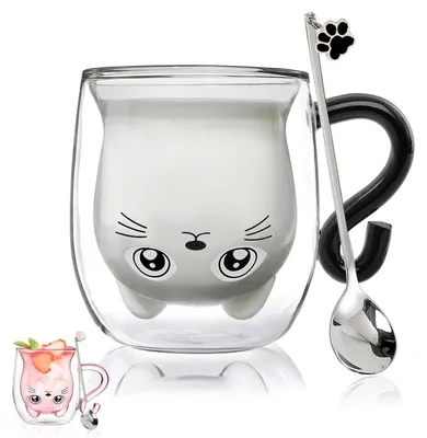 Productafbeelding van Dubbelwandige koffiekopjes met kattenmotief, 230-280 ml, van borosilicaatglas, set van 2