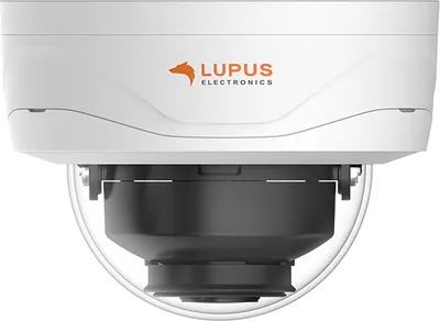 A white dome IP security camera with the Lupus Electronics logo visible.