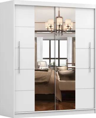 Produktbild von Kleiderschrank mit Spiegel und Dekorative Aluminiumleisten, Schwebetürenschrank 2-türig Schrank mit vielen Einlegeböden und Kleiderstange Gaderobe Schiebtüren Schlafzimmer- Wohnzimmerschrank - Kleiderschrank NICO 03 Weiß
