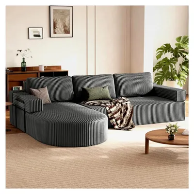 Produktbild von Ecksofa mit Schlaffunktion, Cord Schlafsofa in L-Form, Wohnlandschaft mit 75 cm Sitzfläche, Modulares Sofabett mit abgerundeter Chaise Longue, Grau