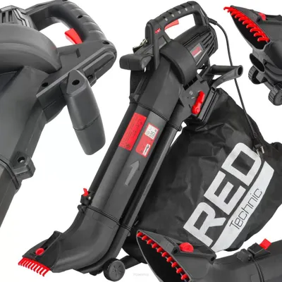 A collage of a leaf blower/vacuum cleaner.