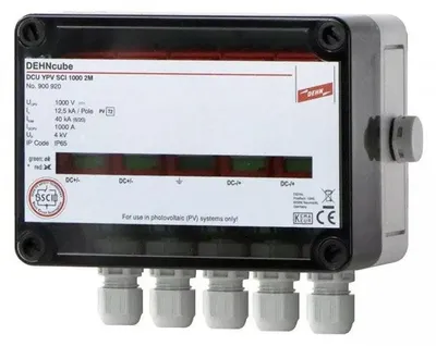 A close-up, front-facing view of a DEHN surge protector device.