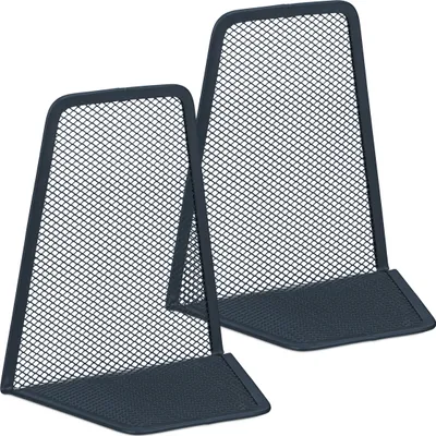 Zdjęcie produktu dla Zestaw 2 podpórek do książek Relaxdays, wymiary: 14 x 12,5 x 9 cm, nowoczesny wzór z siateczki, książki i segregatory, metalowe podpórki, kolor antracytowy