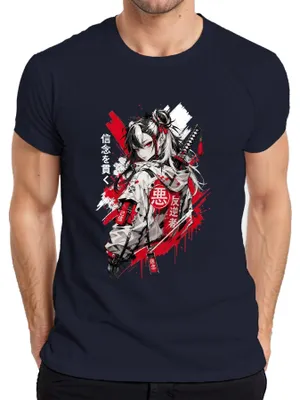 Zdjęcie produktu dla Koszulka męska z motywem anime, katana, Japonia, samuraj, techwear, streetwear, styl Y2K, dla fanów anime, kolor granatowy, rozmiar L