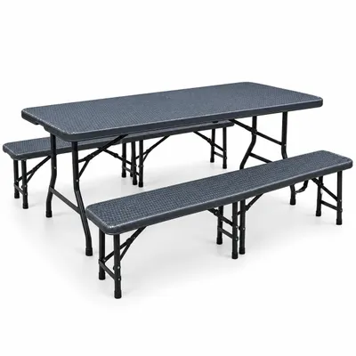 Imagen del producto de Mesa plegable para picnic Rijoka – Diseño de ratán – Mesa plegable con 2 bancos plegables – Mesa para cerveza para 6-8 personas – Capacidad de carga: 150 kg – Color antracita