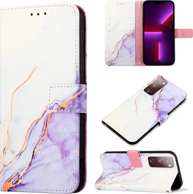 Produktbild von Galaxy S20 FE 4G Hülle, Marmor Motiv Kunstleder Tasche Wallet Kartenfächer mit Standfunktion Klapp Schutzhülle für Samsung Galaxy S20 FE 4G / 5G Weiß Lila