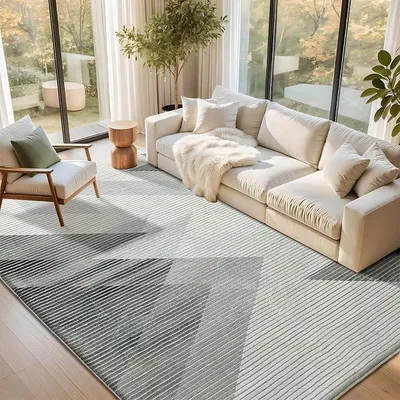 Imagen del producto de Alfombra para sala de estar o dormitorio, pelo corto, diseño moderno, alfombra grande, antideslizante, suave, diseño abstracto, ideal para comedor (geométrico, gris y blanco, 200 x 300 cm)