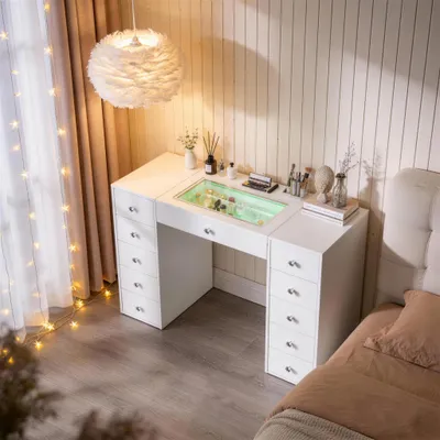 Produktbild von VANITII Schminktisch mit Glasplatte und RGB-Beleuchtung, Schlafzimmer-Schminktisch, 130 × 55 × 81 cm, Weiß