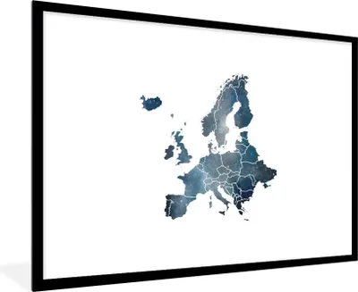 Produktbild von MuchoWow® MuchoWow® Gerahmtes Poster Karte von Europa - Blau - Aquarell 90x60 cm - Poster mit zchwarzem Bilderrahmen - Wanddekoration - Fotos
