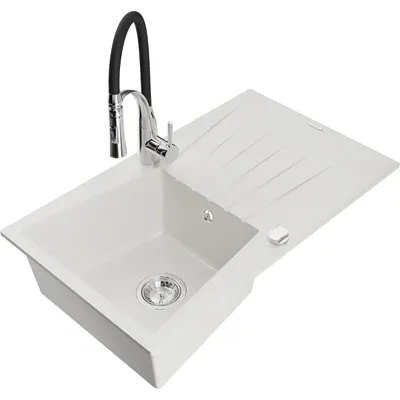 Obrázek produktu pro Mexen Cesar 1-miskový granitový dřez s odkapávačem a kuchyňskou baterií Aster, Bílá - 6514-20-73450-07