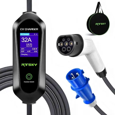 Obrázek produktu pro Mobilní nabíjecí stanice Wallbox o výkonu 7 kW s nabíjecím kabelem pro elektromobily, vybavená konektory CEE 32 A a typu 2, délka kabelu 5 metrů, s displejem