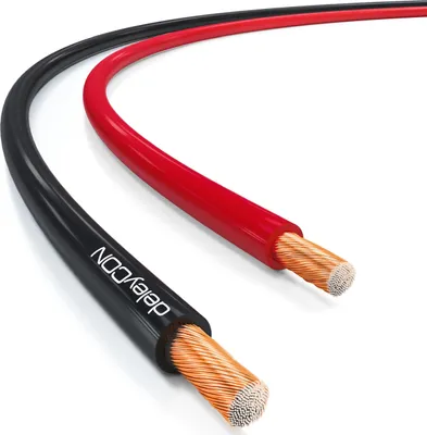 Two cables, one black and one red, are shown diagonally against a white background. The ends of the cables are exposed, showing the copper wiring.