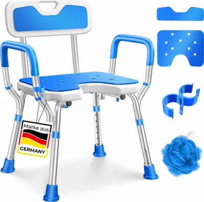 Produktbild von KESSER® Duschhocker mit Lehne höhenverstellbar in 6 Stufen Badhocker 150KG Duschstuhl Anti-Rutsch Füße & Matten Duschhilfe Duschsitz + Brausehalterung