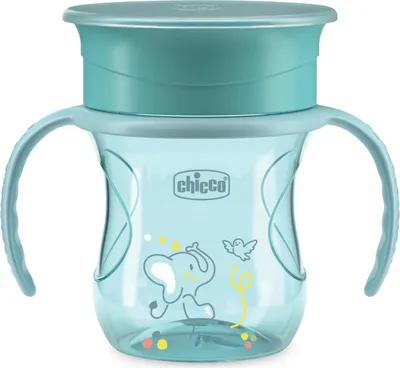 A baby sippy cup with handles and a lid, featuring a cartoon elephant and bird design.